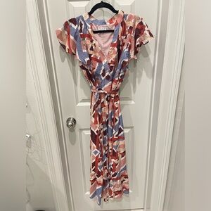 TCEC Red and Blue Geometric Midi Dress